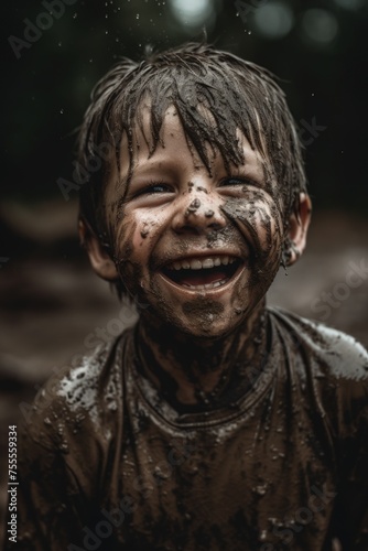A young boy covered in mud, laughing heartily in a natural setting, depicting uninhibited childhood glee. Created with generative A.I. technology