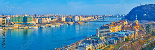 Panorama of Danube, Taban, Elisabeth Bridge and Pest, Budapest, Hungary