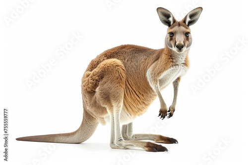 Majestic kangaroo standing tall on hind legs against a white background in a bold display