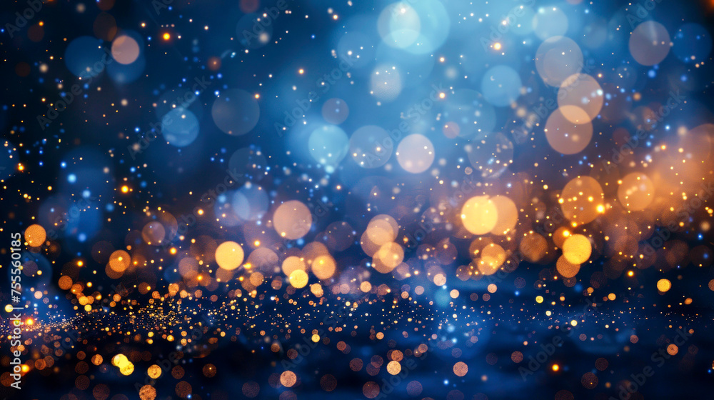 Festive background. Falling small round pieces of gold foil, glowing circles of different sizes on blue blurred bokeh background. Holiday, celebration, Christmas, New Year, Valentine’s Day. Copy space - obrazy, fototapety, plakaty 