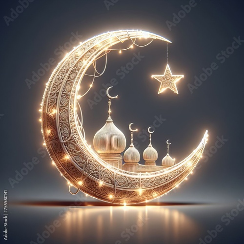 3D realistic crescent moon made of beautiful lights with ramadan theme, isolated on background, Generative AI