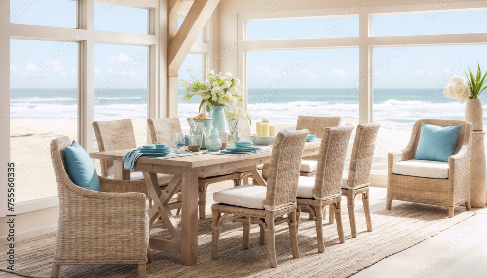 Dining room with sea view. 3d render. Vintage style.