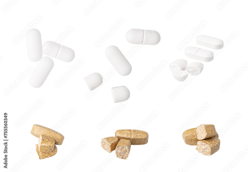 Broken Pills Isolated, Crushed Aspirin, Split Tablet, Broken Pill Capsules, Crumbling White Drugs Broken Pills Isolated, Crushed Aspirin, Split Tablet, Broken Pill Capsules, Crumbling White Drugs