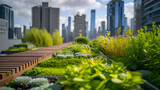 Lush green rooftop gardens with city skylines in the background