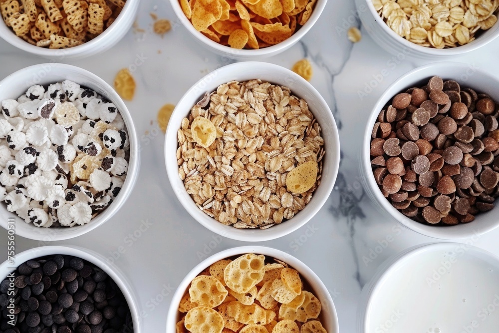 top view of different cereals in bowls top view of different cereals in bowls