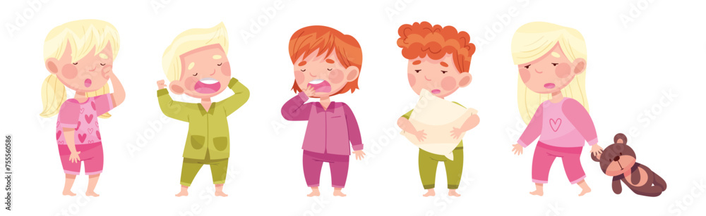 Sleepy Little Boy and Girl Wearing Pajamas Stretching and Yawning Vector Set Sleepy Little Boy and Girl Wearing Pajamas Stretching and Yawning Vector Set