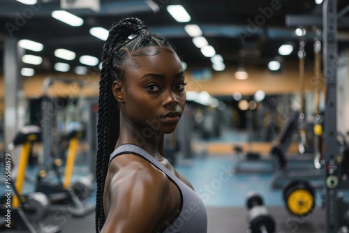 portrait of a female with dark skin and hair in a gym