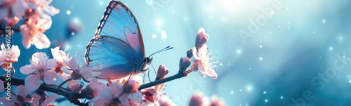 blue butterfly sitting on spring flowers on a blue background, banner with copy space