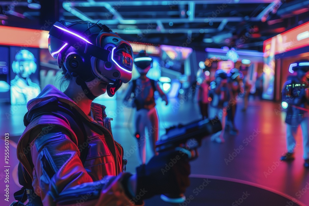 An arcade showing gamers wearing VR headsets and motion suits. An arcade showing gamers wearing VR headsets and motion suits.