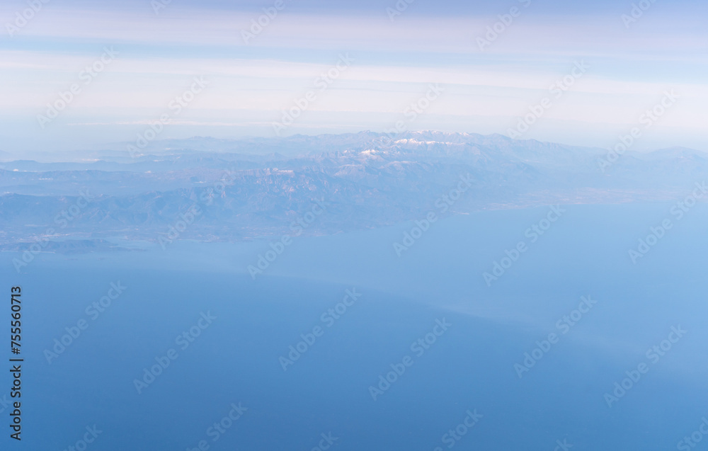 Plane Window View, Aircraft Fly Landscape, Looking from Plane Cabin, Plane Window Aerial View