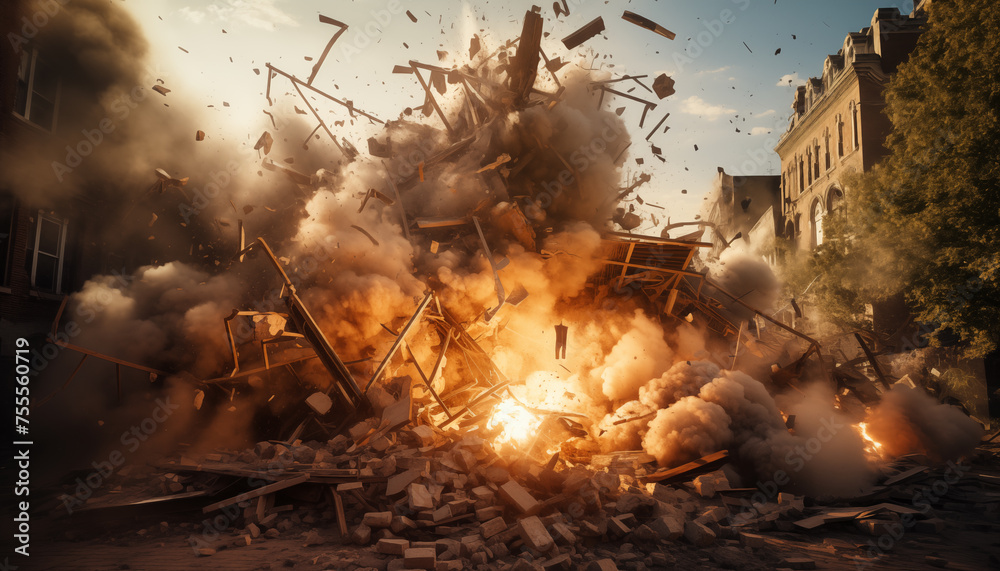 Fototapeta premium explosion of a building with fire. consequences of military conflict. destruction of buildings by explosion.