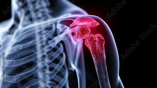 llustration of shoulder pain, highlighted in red on the shoulder area, on black background, x-ray human body.  photo