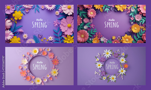 Hello spring seasonal banners collection with spring grass seamless pattern