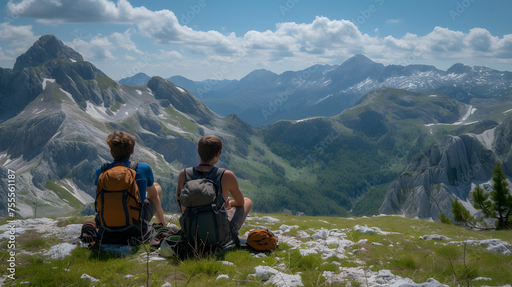 Hikers traversing scenic mountain trails background Hikers traversing scenic mountain trails background