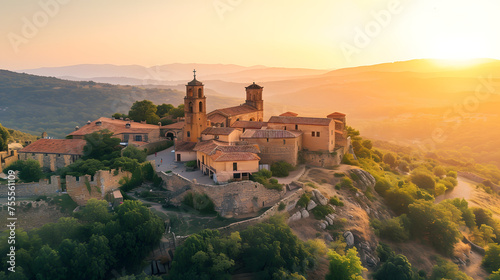 Historic monastery perched on a hill at sunrise background photo