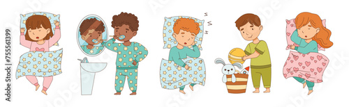 Little Boy and Girl Getting Ready to Bed Wear Pajama Vector Set
