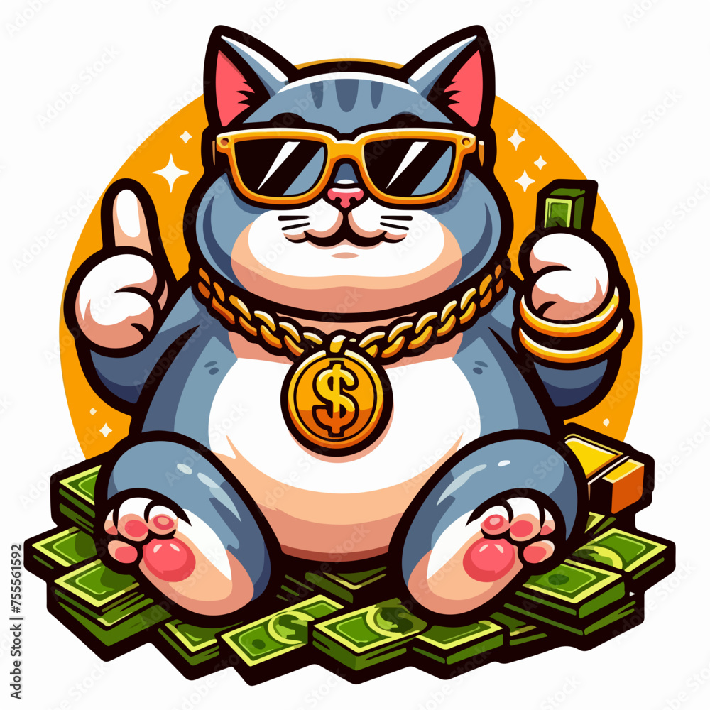 Rich cat. Finance, cat banker. Cartoon vector logo icon sticker tattoo.
