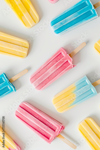 Colorful summer popsicles on a white background  shown from above. Pink  yellow and blue ice lollies with sticks for a refreshing cool treat against the background