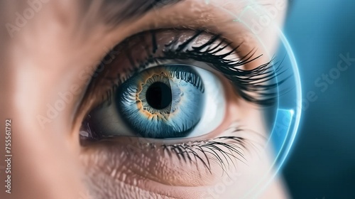 A detailed closeup of a human eye, showcasing the iris and pupil, with superimposed circular graphical elements symbolizing vision analysis or ophthalmology diagnostic technology. photo