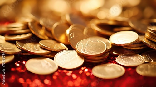 Glowing heap of golden coins with a hint of red, showcasing themes of wealth, financial success, and savings, with a focus on the reflective surfaces and no specified place for text. photo