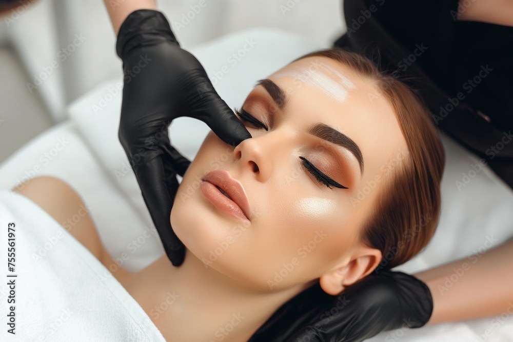 concept of beauty salon and permanent make-up, beautiful Woman at cosmetology cabinet getting permanent makeup - obrazy, fototapety, plakaty 