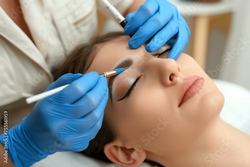 concept of beauty salon and permanent make-up  beautiful Woman at cosmetology cabinet getting permanent makeup