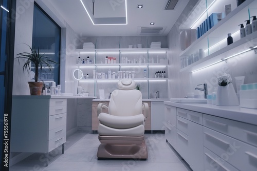 Cosmetic  skincare empty cosmetology cabinet in modern beauty clinic. Interior of medicine salon