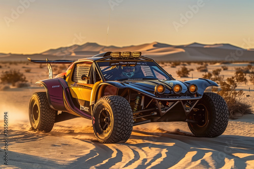 A rugged off-road buggy speeds across a desert landscape at sunset, kicking up sand in its wake. © Александр Марченко