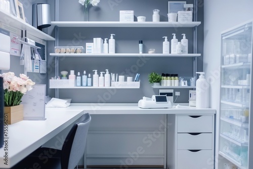 Cosmetic, skincare empty cosmetology cabinet in modern beauty clinic. Interior of medicine salon