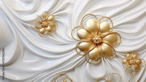 Lustrous golden flowers on a fluid white texture, symbolizing opulence, perfect for festive design elements or luxurious backdrops.