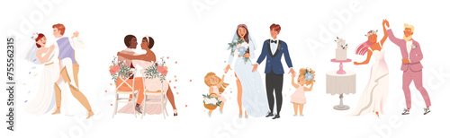 Wedding Couples with Man and Woman Bride and Groom Vector Set