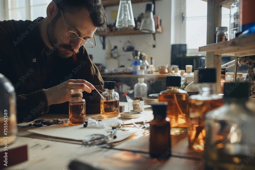perfumer at his desk looking for a new fragrance, perfumery concept perfumer at his desk looking for a new fragrance, perfumery concept