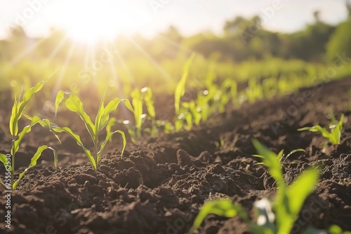 Rows of corn plants in a fertile field with dark soil under a beautiful warm sun