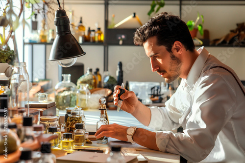 perfumer at his desk looking for a new fragrance, perfumery concept
