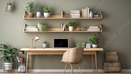 Comfortable workplace with laptop, bookshelf and plants in room © Hoody Baba