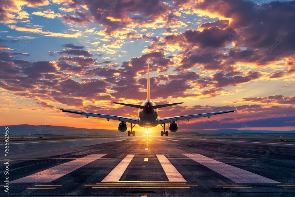 passenger plane, plane lands on the airport runway in beautiful sunset light - obrazy, fototapety, plakaty 