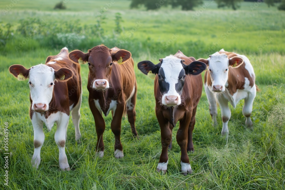 group of cows on a farm on a green field