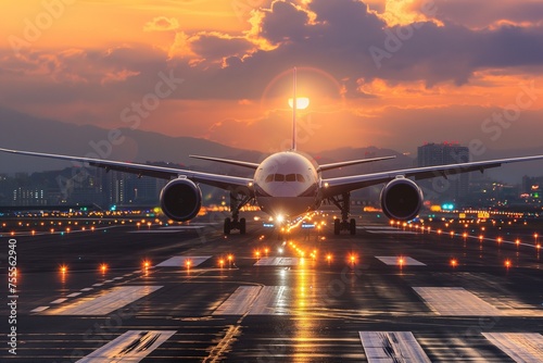 passenger plane, plane lands on the airport runway in beautiful sunset light