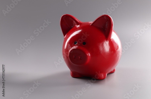 Closeup of red piggy banks for coins on gray background. Cash savings concept