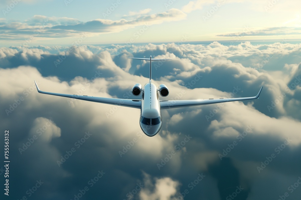 airplane jet flying at flight level high in the sky above the clouds ...