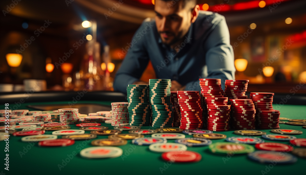 casino chips on the background of the croupier. playing in a casino with chips on the table. gambling in a casino.