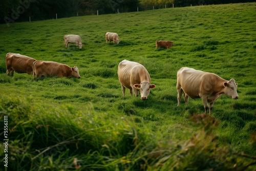 group of cows on a farm on a green field