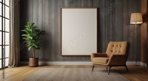 Traditional armchair close to paneling wall with text space and an empty poster frame. Mid-century living room interior design.