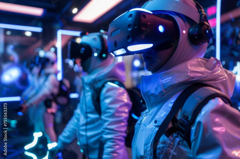 An arcade showing gamers wearing VR headsets and motion suits. An arcade showing gamers wearing VR headsets and motion suits.