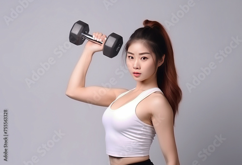 Beautiful Young Asian Woman Showcasing Strength and Determination in Dynamic Workout Poses, Fitness Session, Isolated Against a studio Background