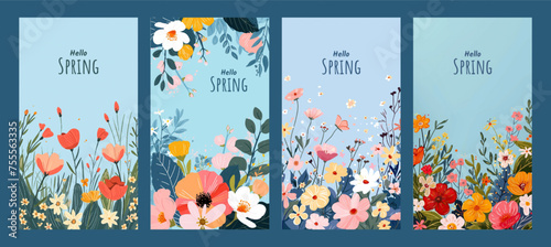 Hello spring seasonal banners collection with beautiful colorful flowers