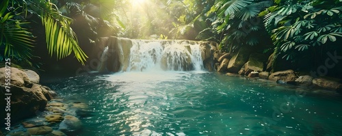 Panoramic banner showcases a beautiful tropical waterfall . Concept Nature  Waterfalls  Tropical  Panoramic Photography