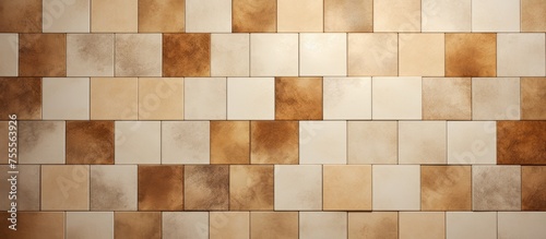 A close-up view of a wall covered in brown and white tiles, each featuring numerous small squares arranged in a pattern. The tiles create a textured surface with a mix of brown and white colors.