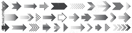 Dotted arrow. Halftone arrows with circle particles, direction simple signs. Black pointer with dots and halftone effect.