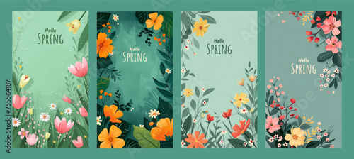 Hello spring seasonal banners collection with beautiful colorful flowers